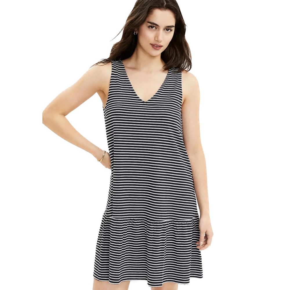 LOFT Black and White Striped Sleeveless V-Neck Mini Dress